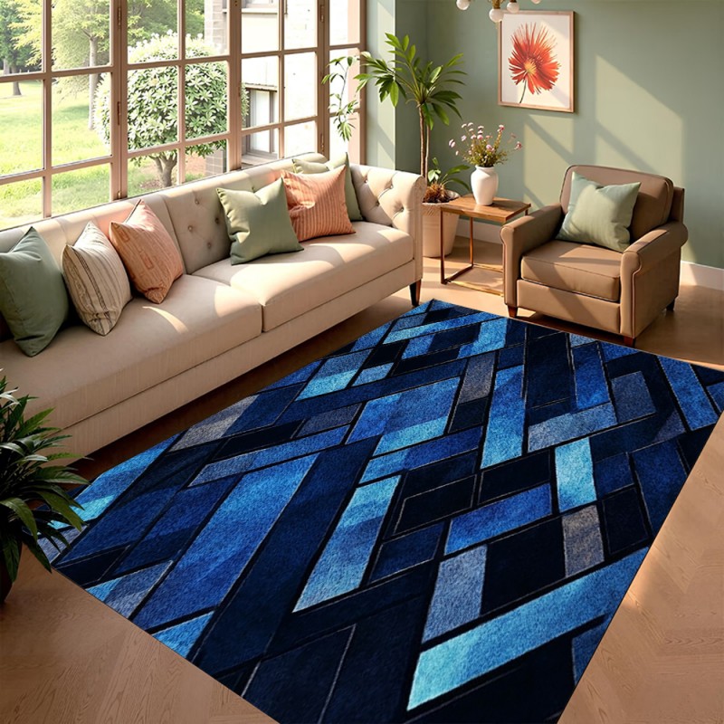 Esports Gaming Hotel - Nordic Blue Geometric Patchwork Area Rug