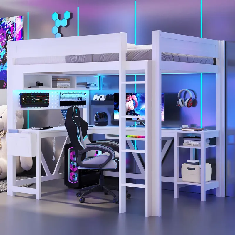 White Gaming Loft Bed with Des - đánh giá và giá Esports Gaming Bed